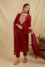 Maroon Cotton Partywear Suit Set With Work On Yoke Bada Boota