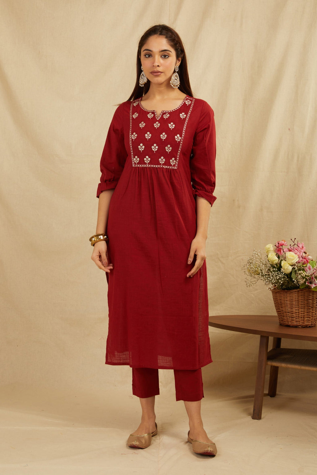 Maroon Cotton Partywear Suit Set With Work On Yoke Bada Boota