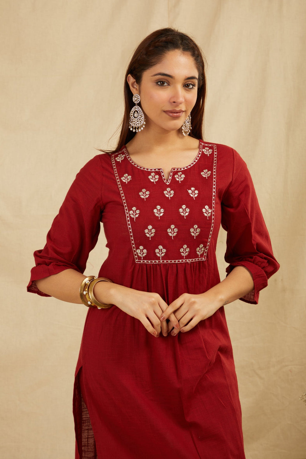 Maroon Cotton Partywear Suit Set With Work On Yoke Bada Boota