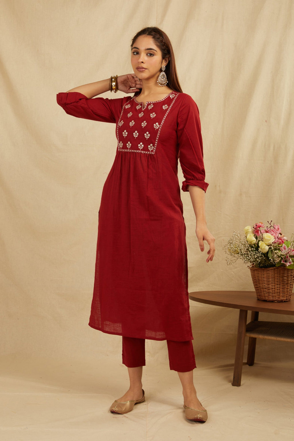 Maroon Cotton Partywear Suit Set With Work On Yoke Bada Boota