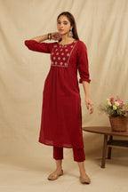 Maroon Cotton Partywear Suit Set With Work On Yoke Bada Boota