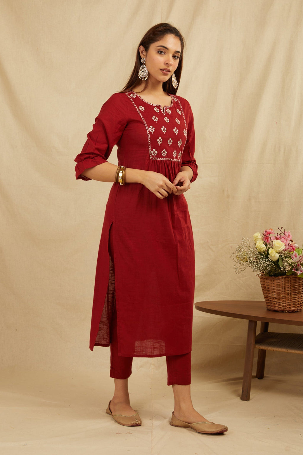 Maroon Cotton Partywear Suit Set With Work On Yoke Bada Boota