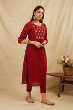 Maroon Cotton Partywear Suit Set With Work On Yoke Bada Boota