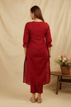 Maroon Cotton Partywear Suit Set With Work On Yoke Bada Boota