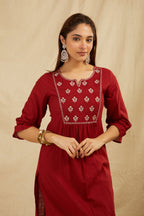 Maroon Cotton Partywear Suit Set With Work On Yoke Bada Boota
