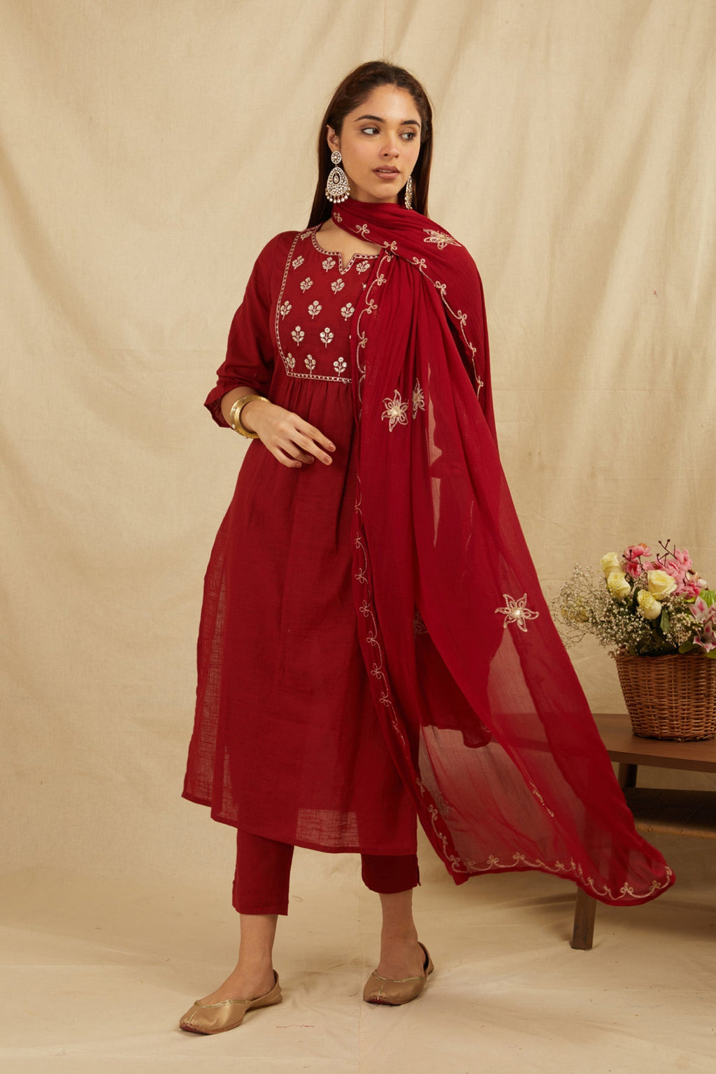 Maroon Cotton Partywear Suit Set With Work On Yoke Bada Boota