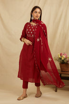 Maroon Cotton Partywear Suit Set With Work On Yoke Bada Boota