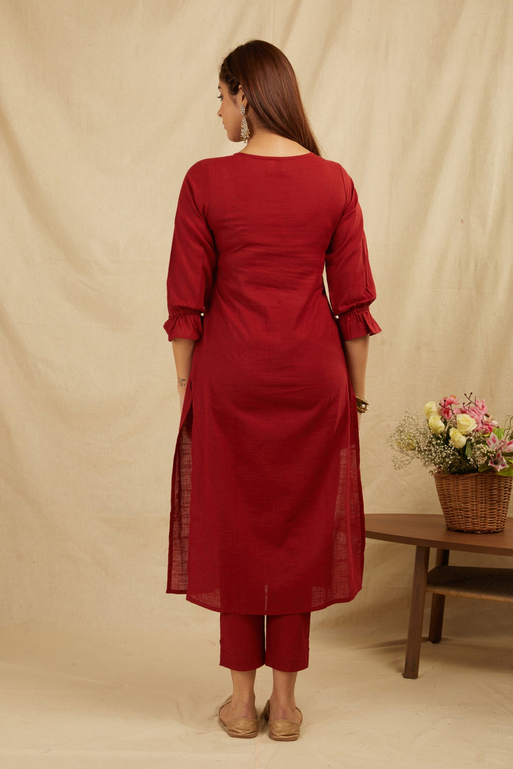 Maroon Cotton Partywear Suit Set With Work On Yoke Bada Boota