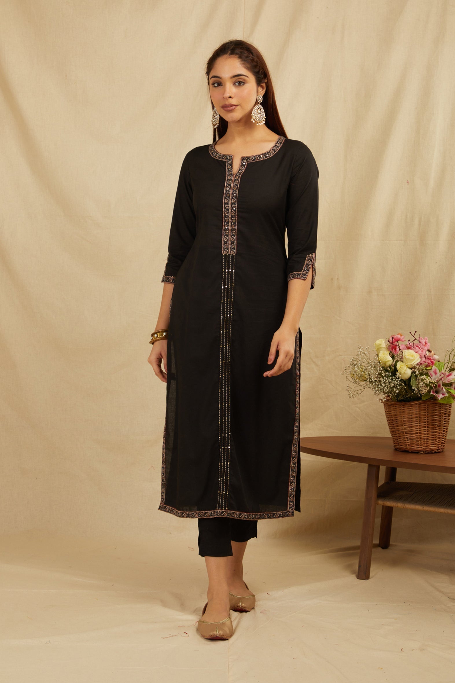 Black Printed Cotton Kurta with Pants - Set of 2 Bada Boota