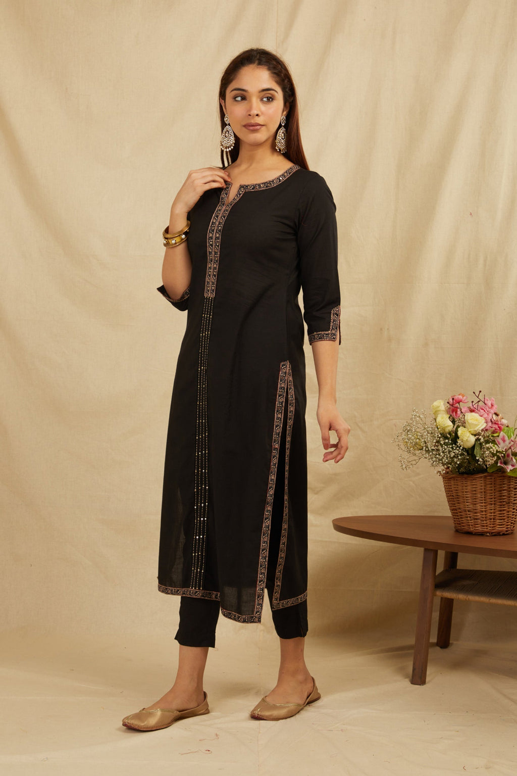 Black Printed Cotton Kurta with Pants - Set of 2 Bada Boota