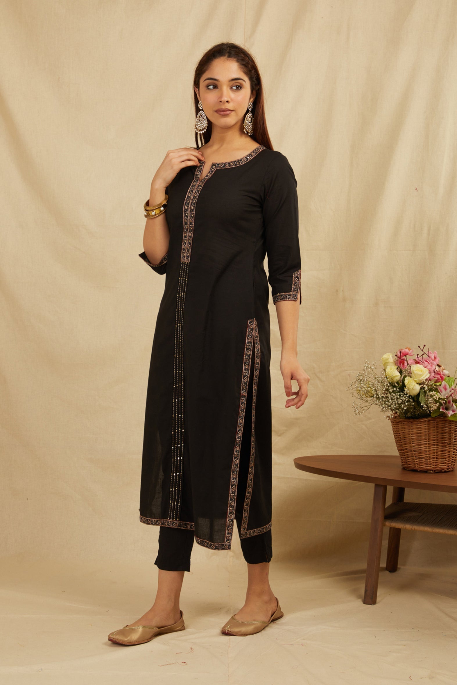 Black Printed Cotton Kurta with Pants - Set of 2 Bada Boota