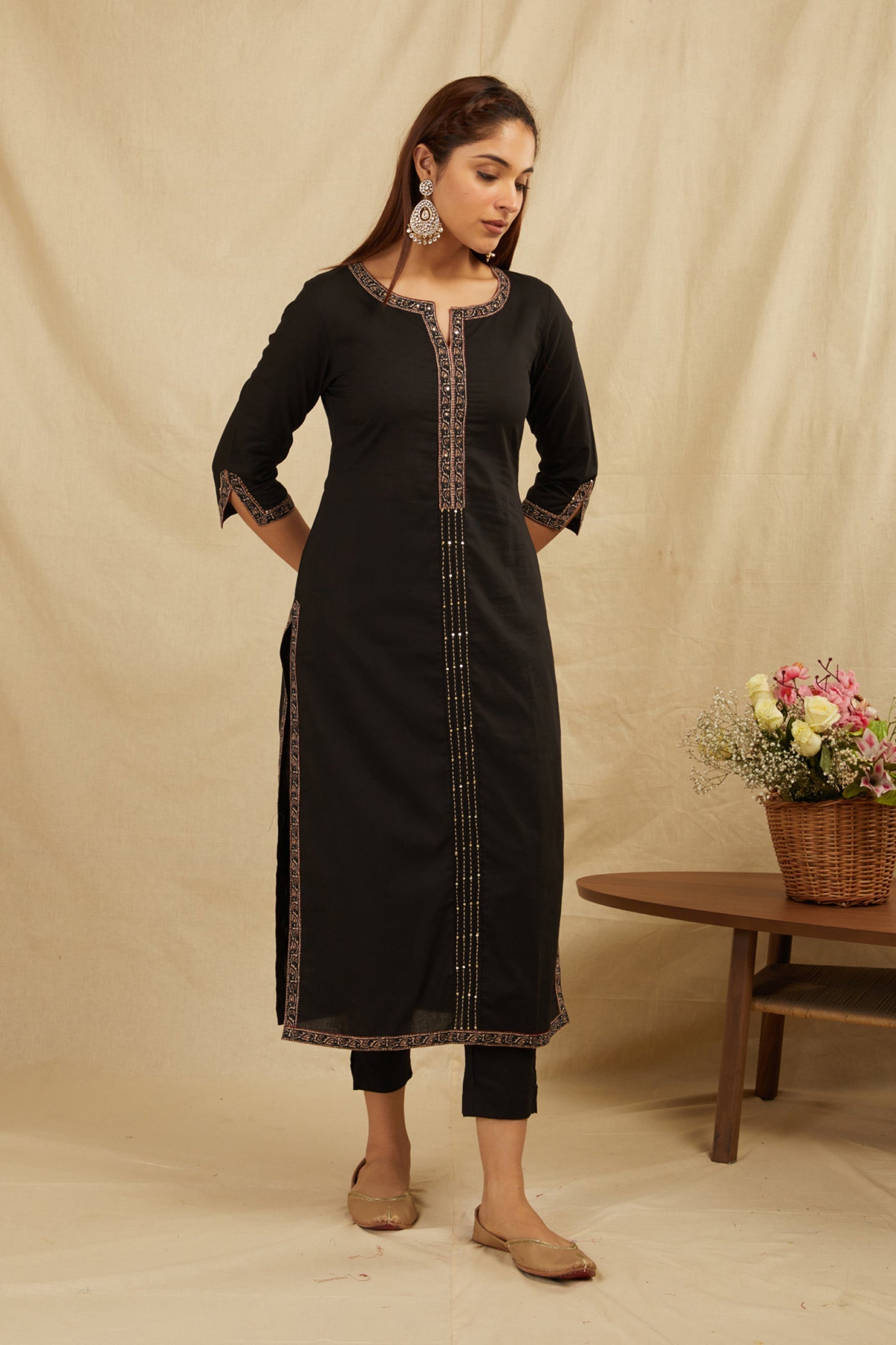 Black Printed Cotton Kurta with Pants - Set of 2 Bada Boota