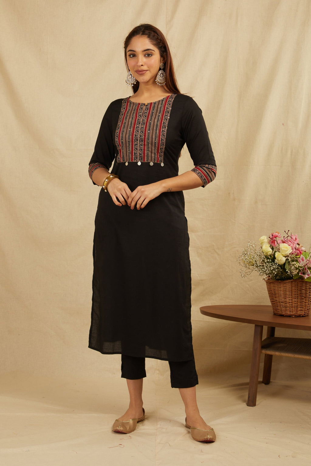 Black Hand Block Printed Cotton Kurta with Pants - Set of 2 Bada Boota