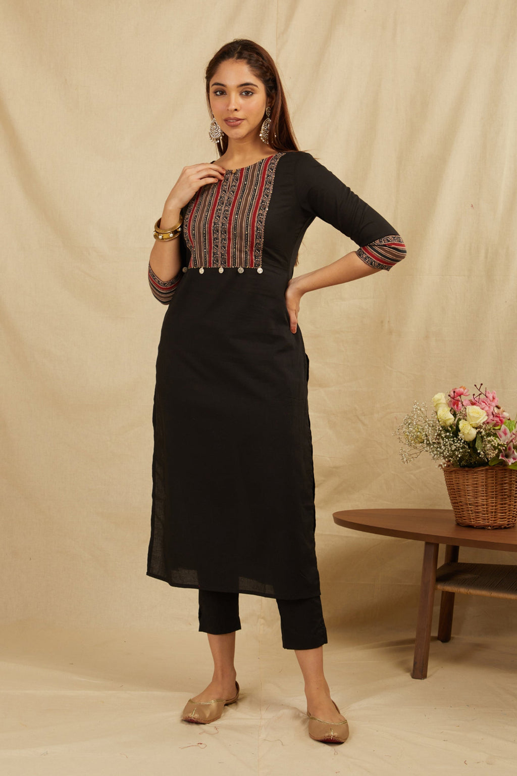 Black Hand Block Printed Cotton Kurta with Pants - Set of 2 Bada Boota