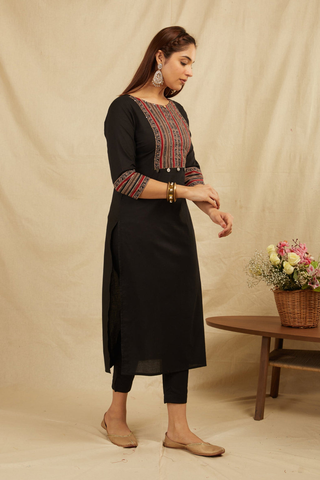 Black Hand Block Printed Cotton Kurta with Pants - Set of 2 Bada Boota