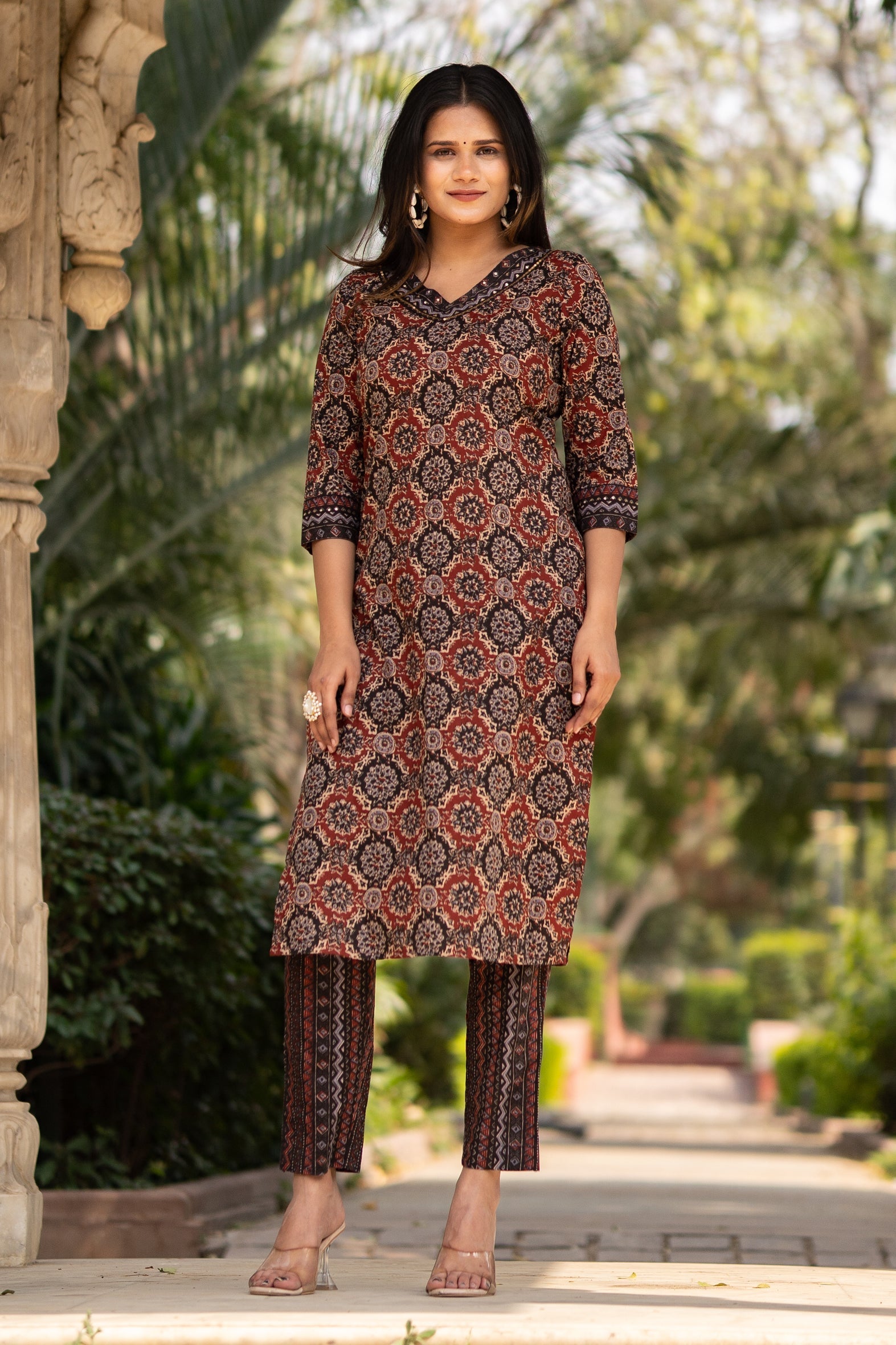 Maroon Printed Cotton Kurta with Pants - Set of 2 Bada Boota
