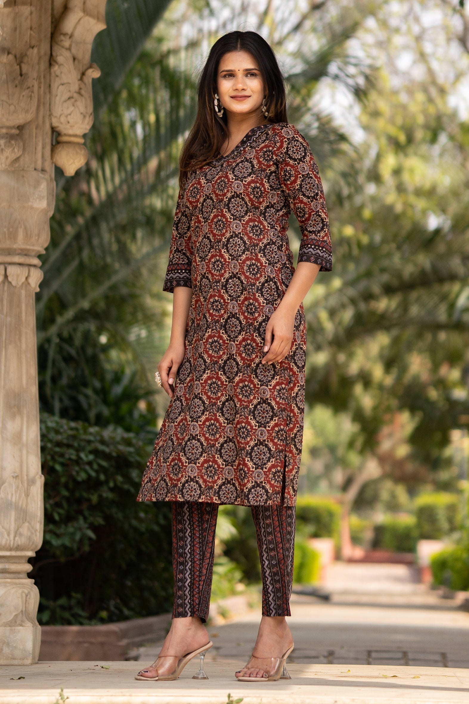 Maroon Printed Cotton Kurta with Pants - Set of 2 Bada Boota