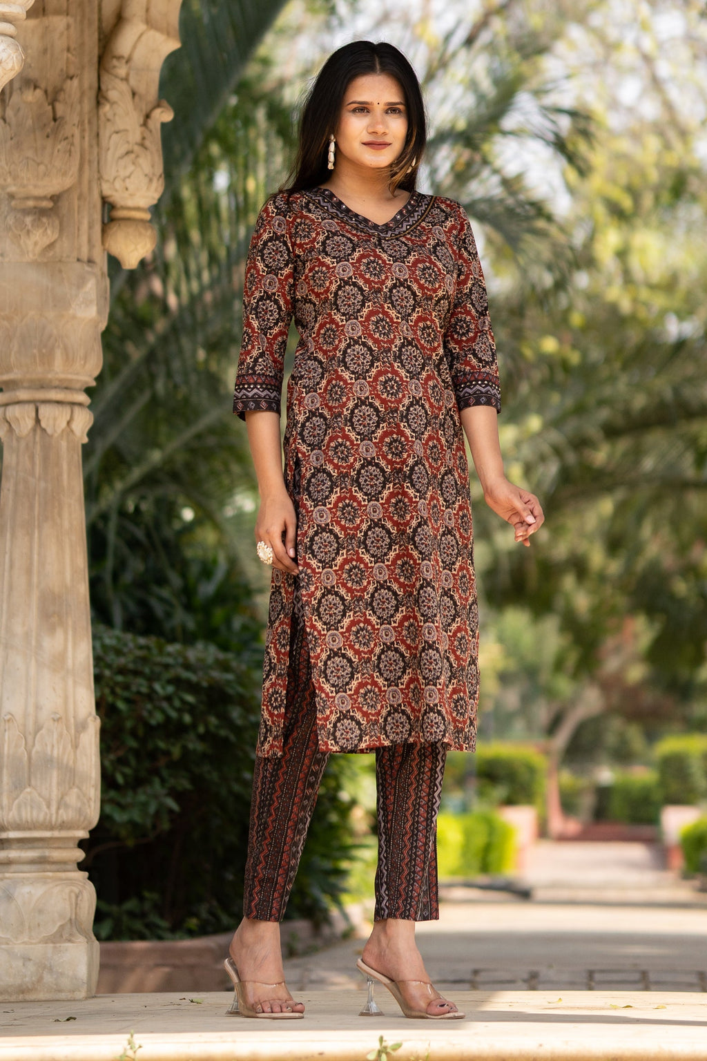 Maroon Printed Cotton Kurta with Pants - Set of 2 Bada Boota