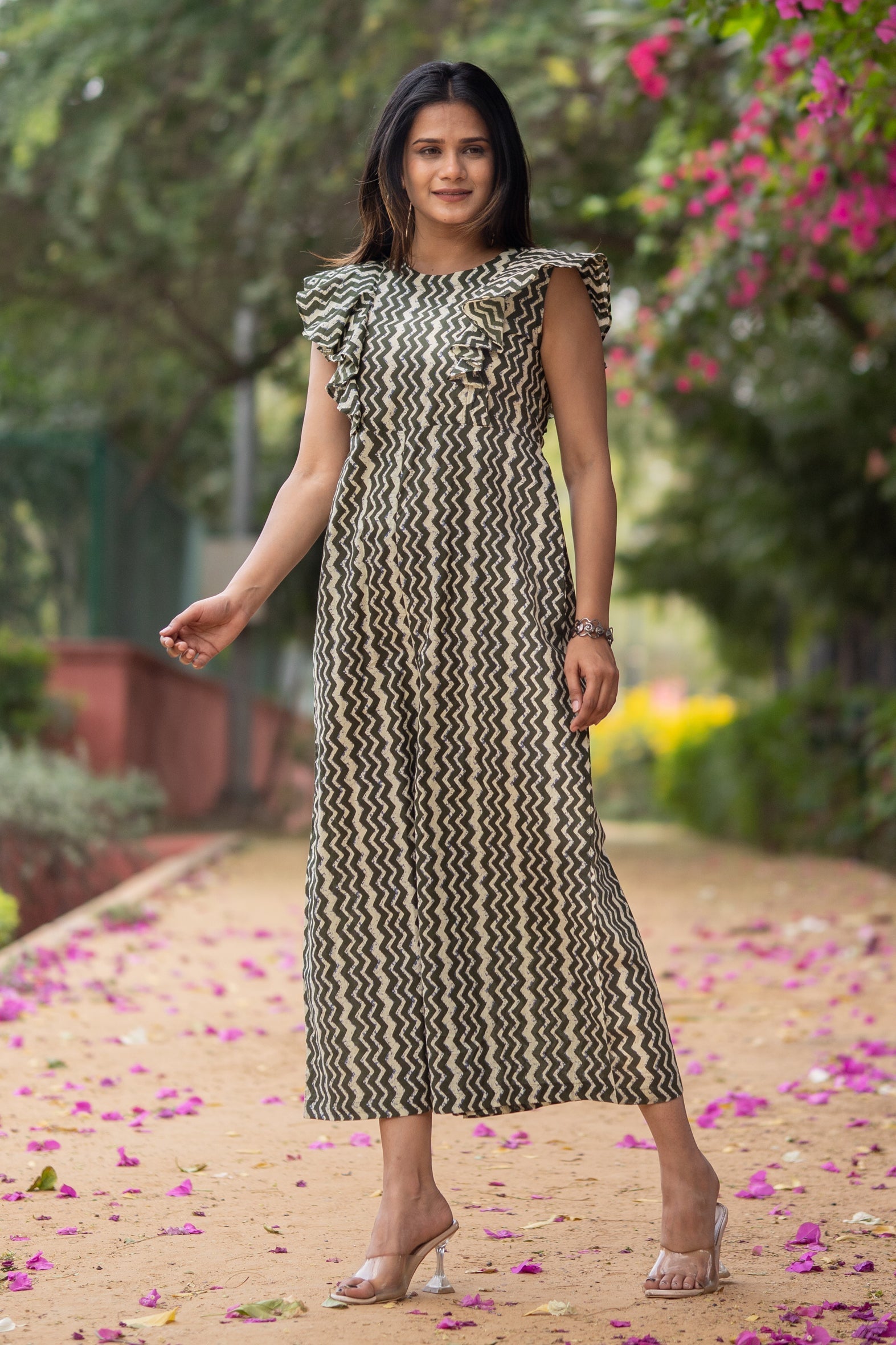 Green Cotton Printed Jumpsuit For Girls Bada Boota