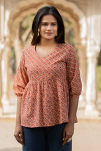 Peach Flared Cotton Printed Short Top Bada Boota