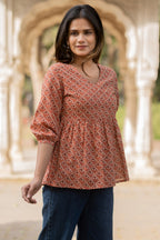 Peach Flared Cotton Printed Short Top Bada Boota