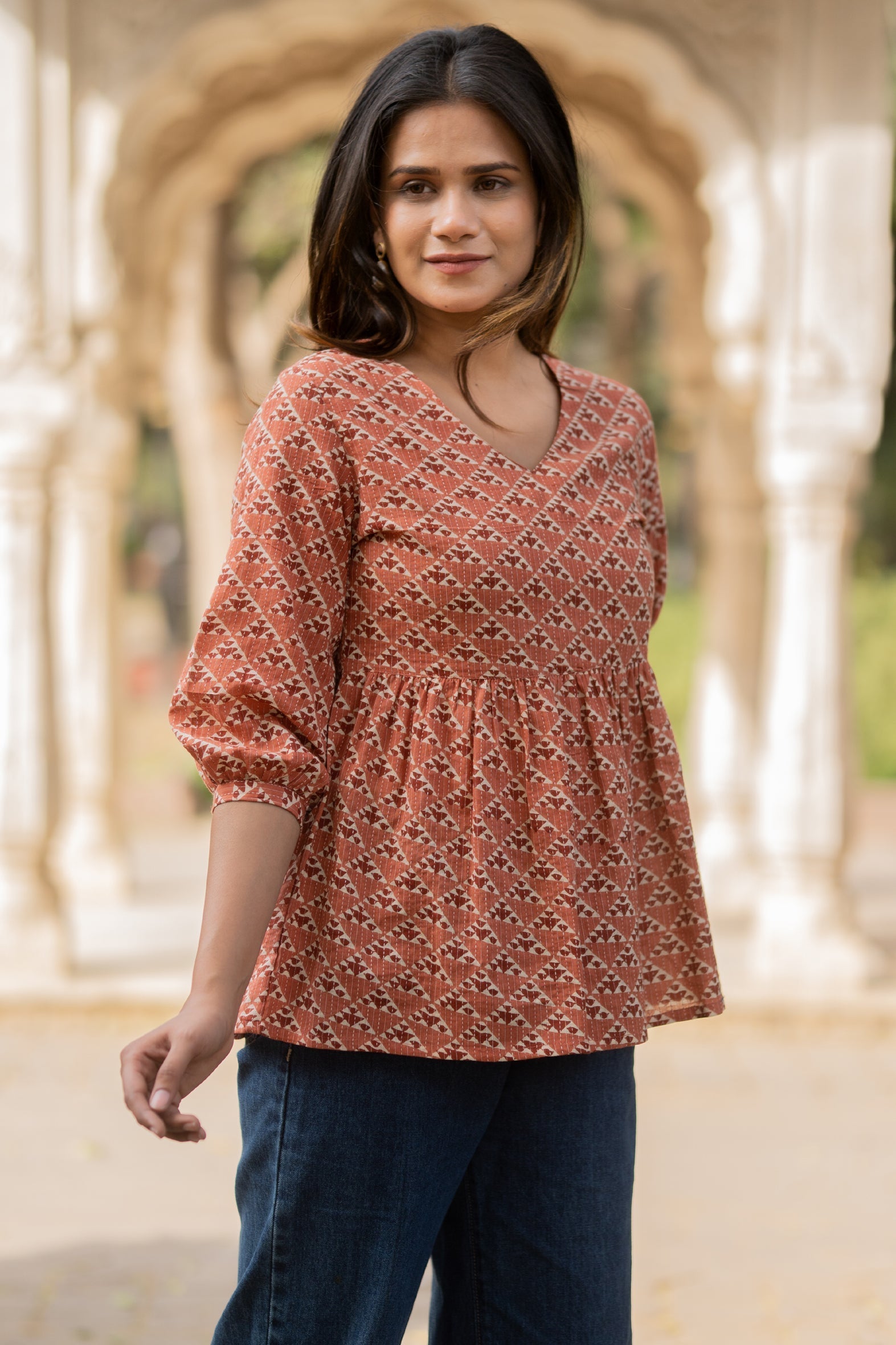 Peach Flared Cotton Printed Short Top Bada Boota
