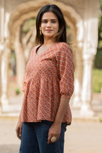 Peach Flared Cotton Printed Short Top Bada Boota