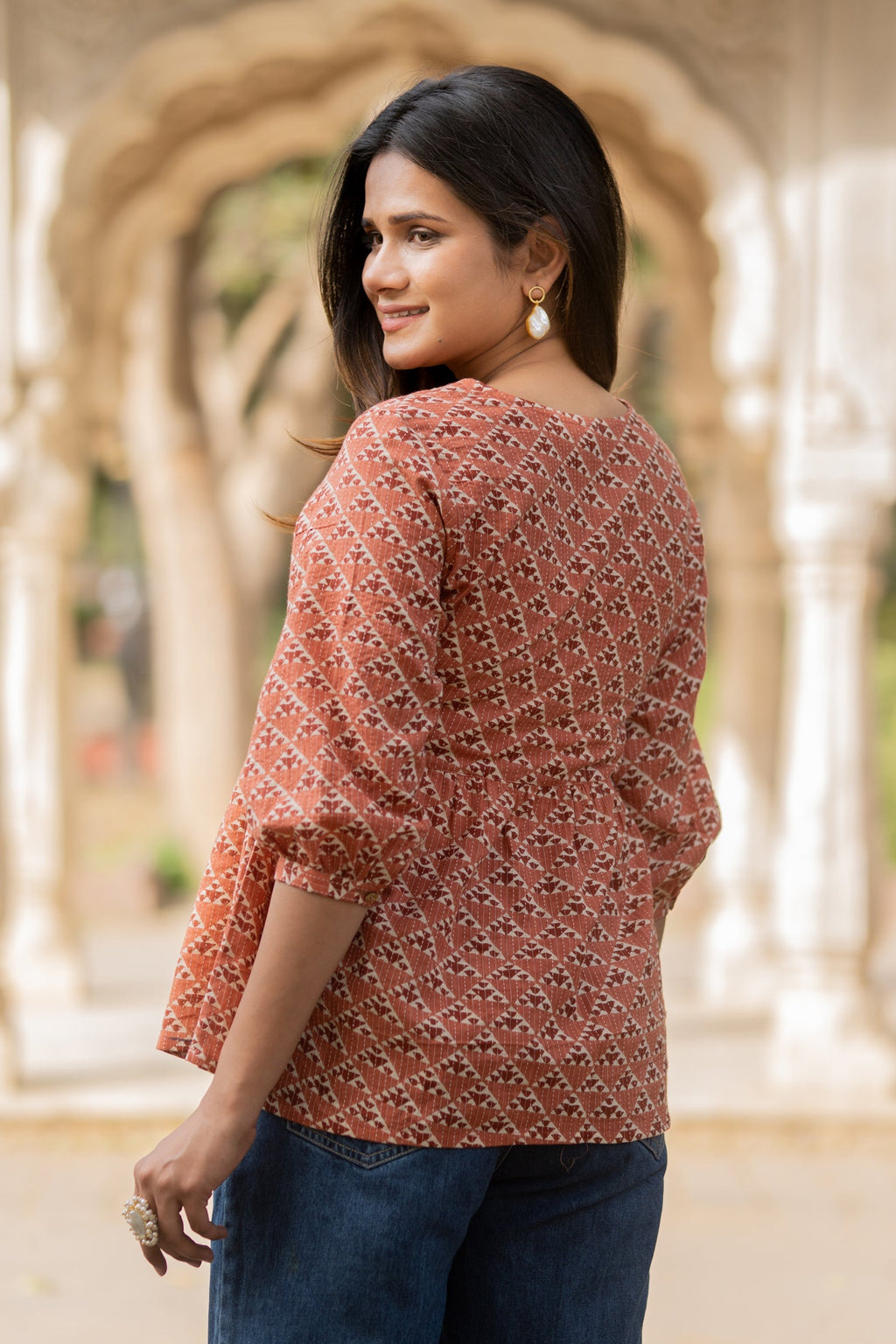 Peach Flared Cotton Printed Short Top Bada Boota