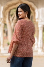Peach Flared Cotton Printed Short Top Bada Boota