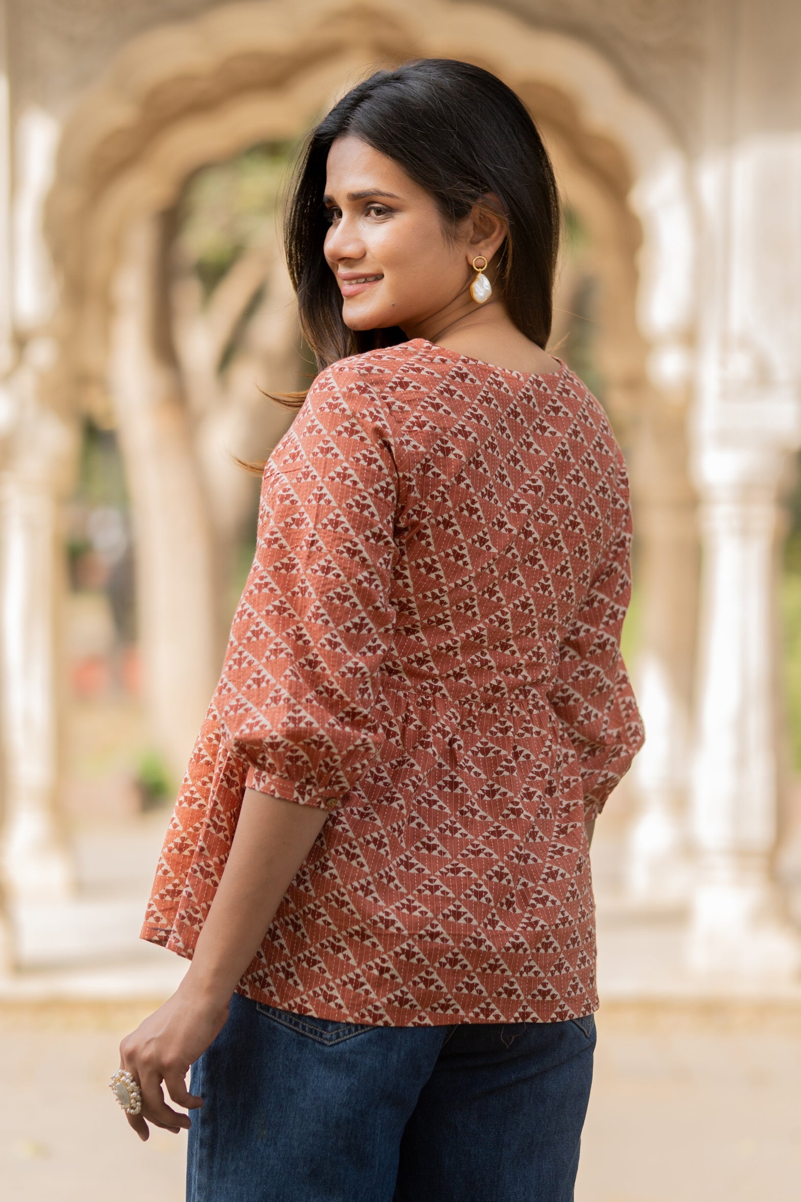 Peach Flared Cotton Printed Short Top Bada Boota