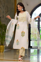 White Cotton Mughal Block Printed Kurta Pant Set With Dupatta Bada Boota