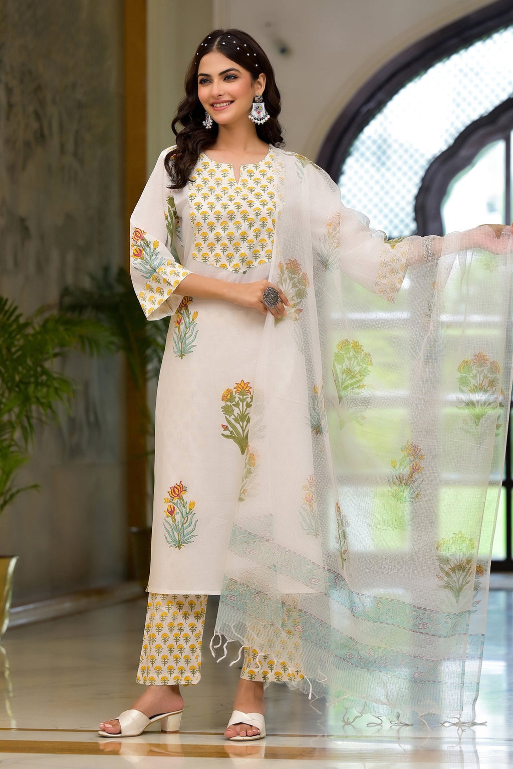 White Cotton Mughal Block Printed Kurta Pant Set With Dupatta Bada Boota