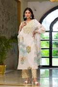 White Cotton Mughal Block Printed Kurta Pant Set With Dupatta Bada Boota