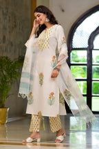 White Cotton Mughal Block Printed Kurta Pant Set With Dupatta Bada Boota