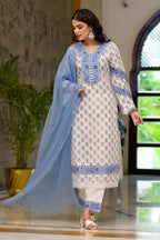 White Cotton Mughal Block Printed Kurta Pant Set With Dupatta Bada Boota