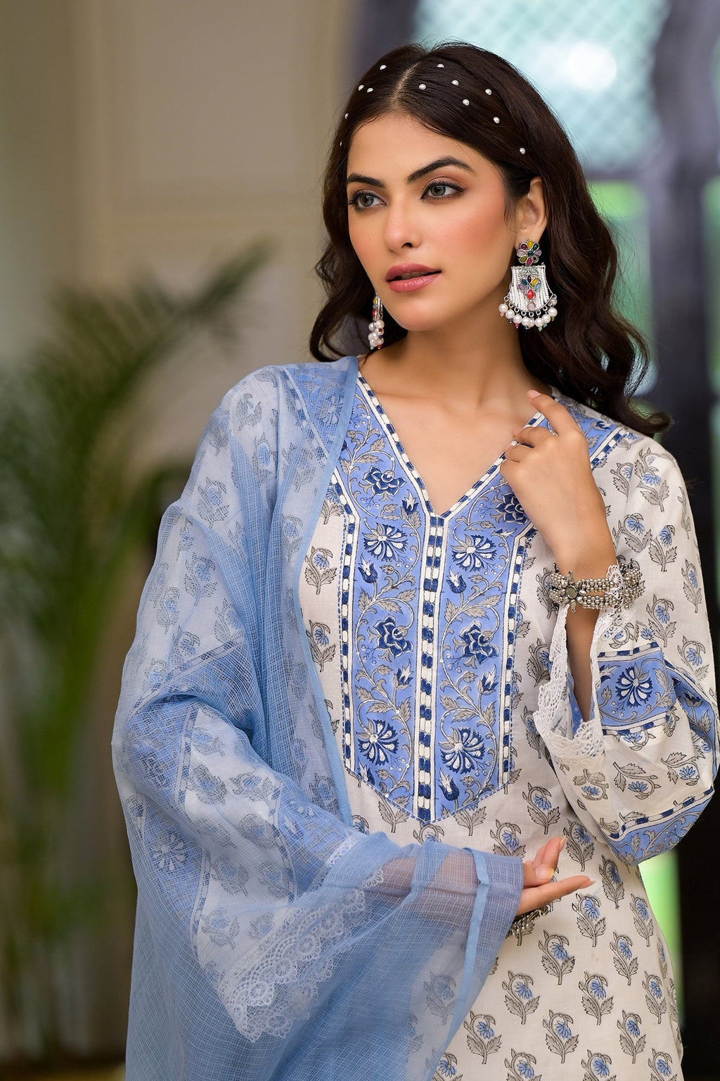 White Cotton Mughal Block Printed Kurta Pant Set With Dupatta Bada Boota