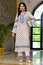 White Cotton Mughal Block Printed Kurta Pant Set With Dupatta Bada Boota