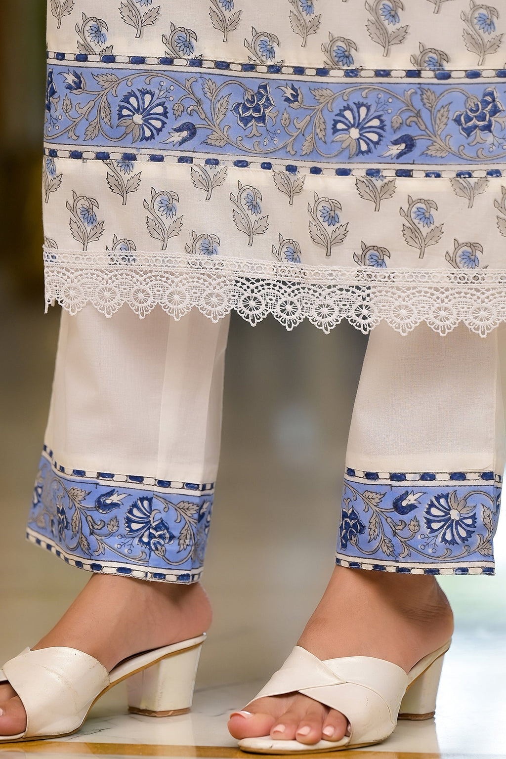 White Cotton Mughal Block Printed Kurta Pant Set With Dupatta Bada Boota