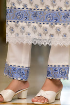 White Cotton Mughal Block Printed Kurta Pant Set With Dupatta Bada Boota