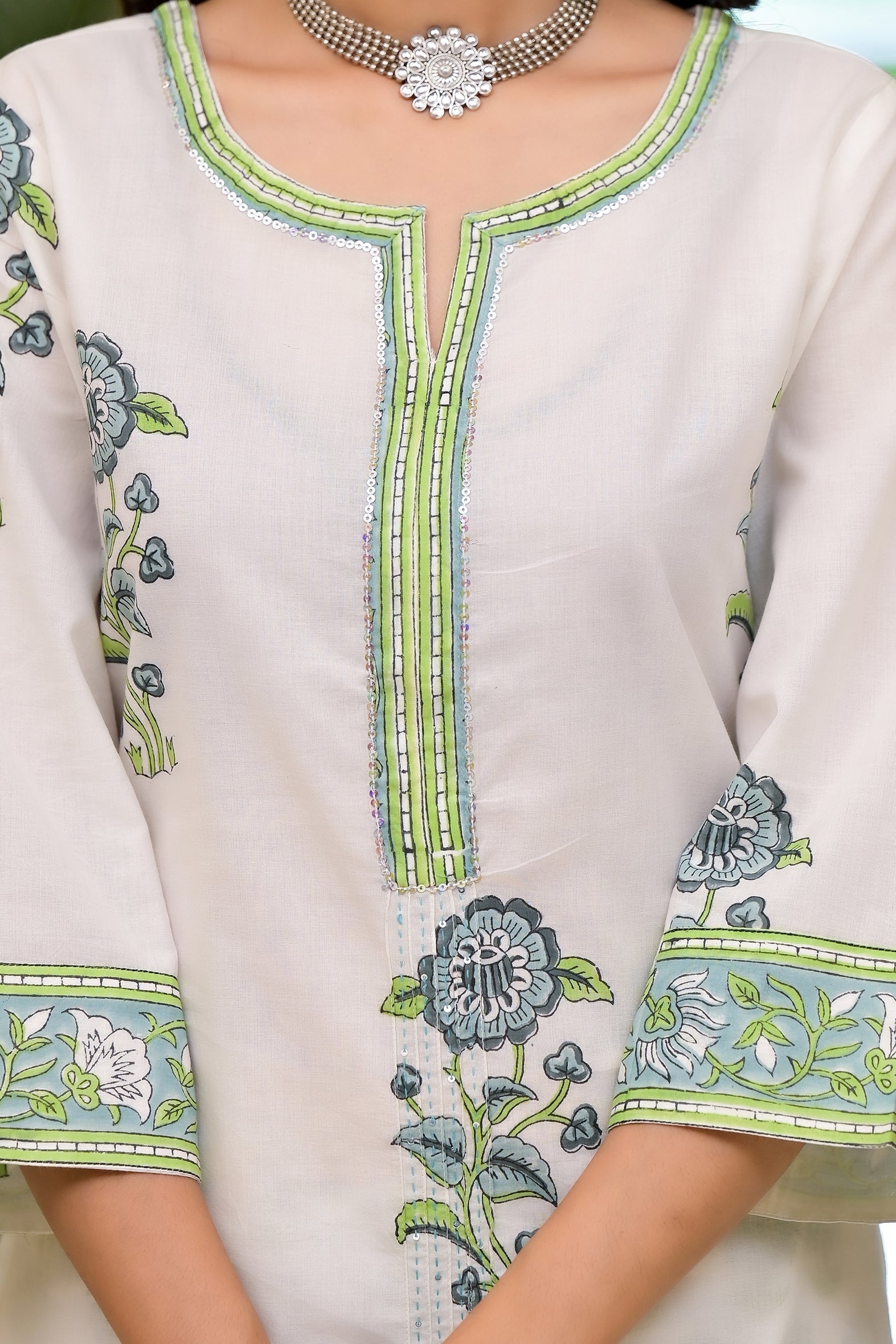 White Cotton Mughal Block Printed Kurta Pant Set With Dupatta Bada Boota