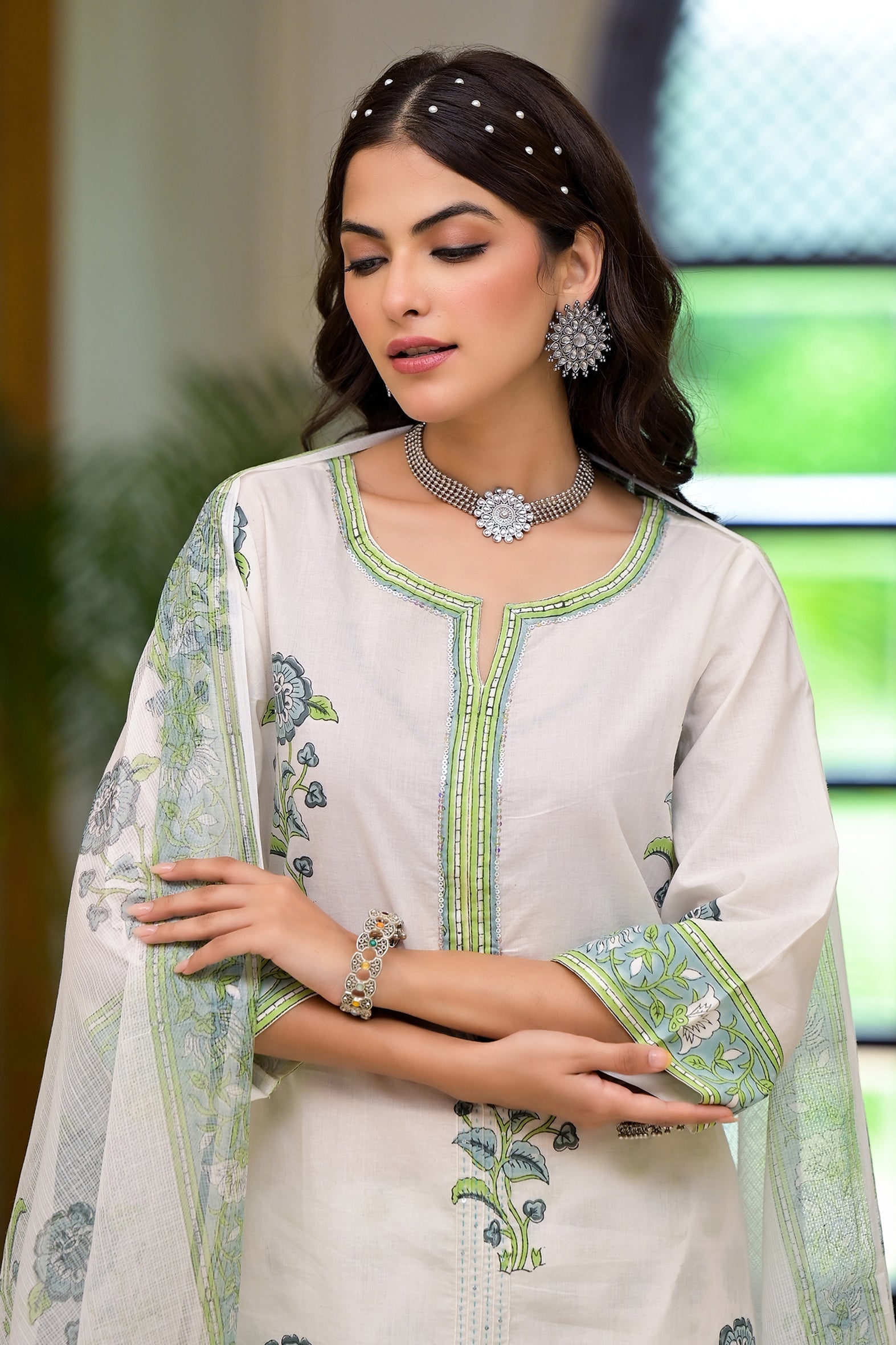 White Cotton Mughal Block Printed Kurta Pant Set With Dupatta Bada Boota