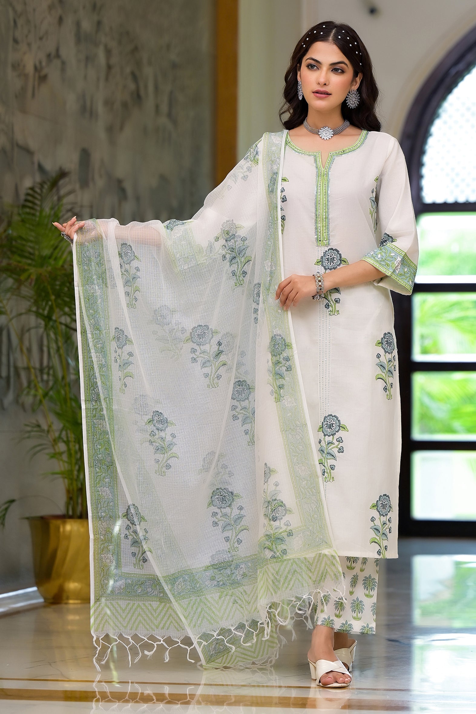 White Cotton Mughal Block Printed Kurta Pant Set With Dupatta Bada Boota