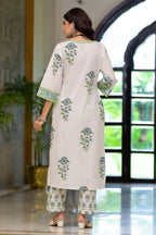 White Cotton Mughal Block Printed Kurta Pant Set With Dupatta Bada Boota