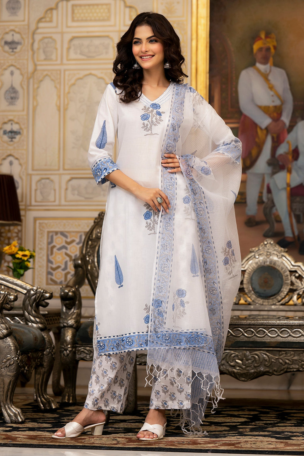 White Cotton Mughal Block Printed Kurta Pant Set With Dupatta Bada Boota