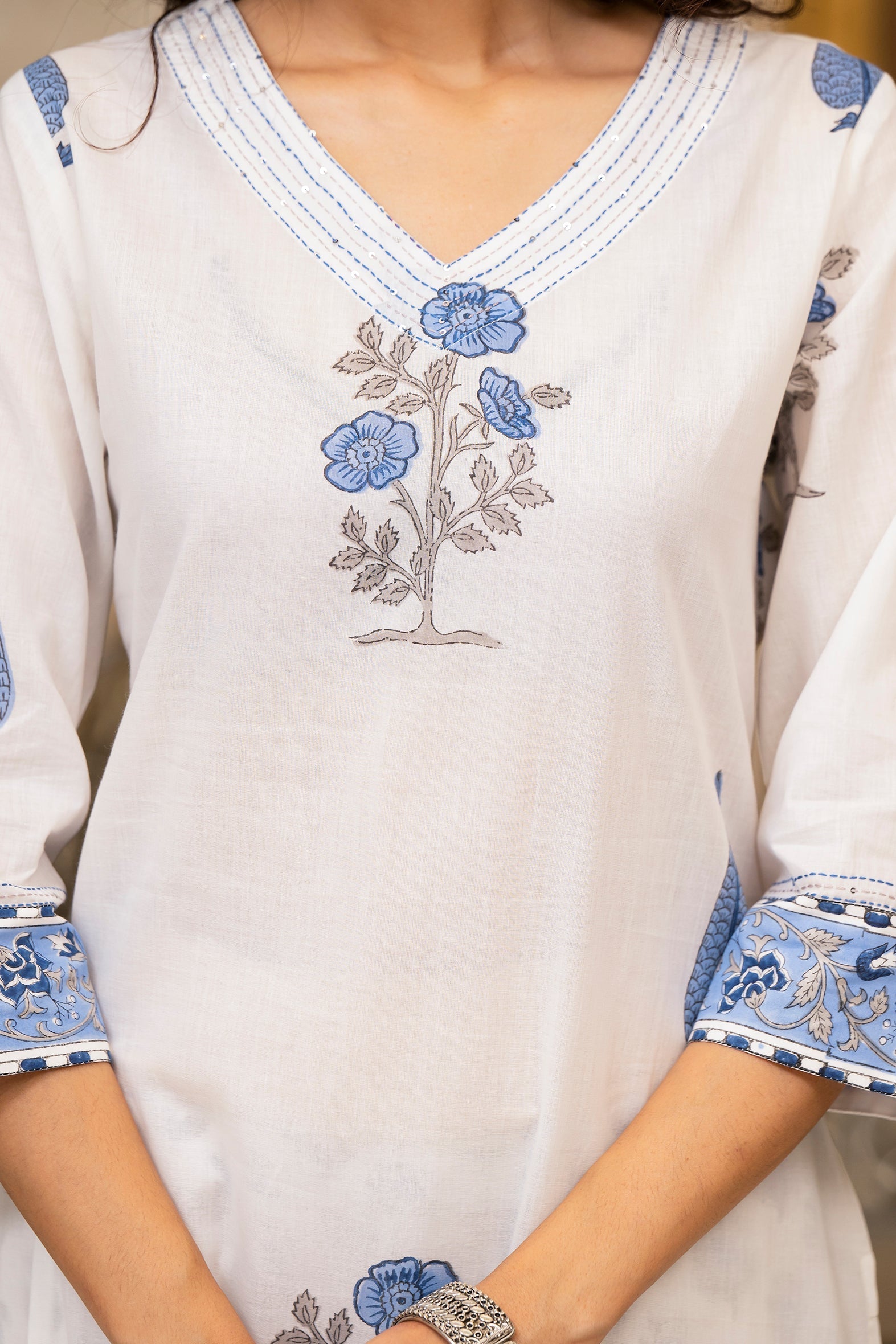 White Cotton Mughal Block Printed Kurta Pant Set With Dupatta Bada Boota