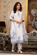 White Cotton Mughal Block Printed Kurta Pant Set With Dupatta Bada Boota
