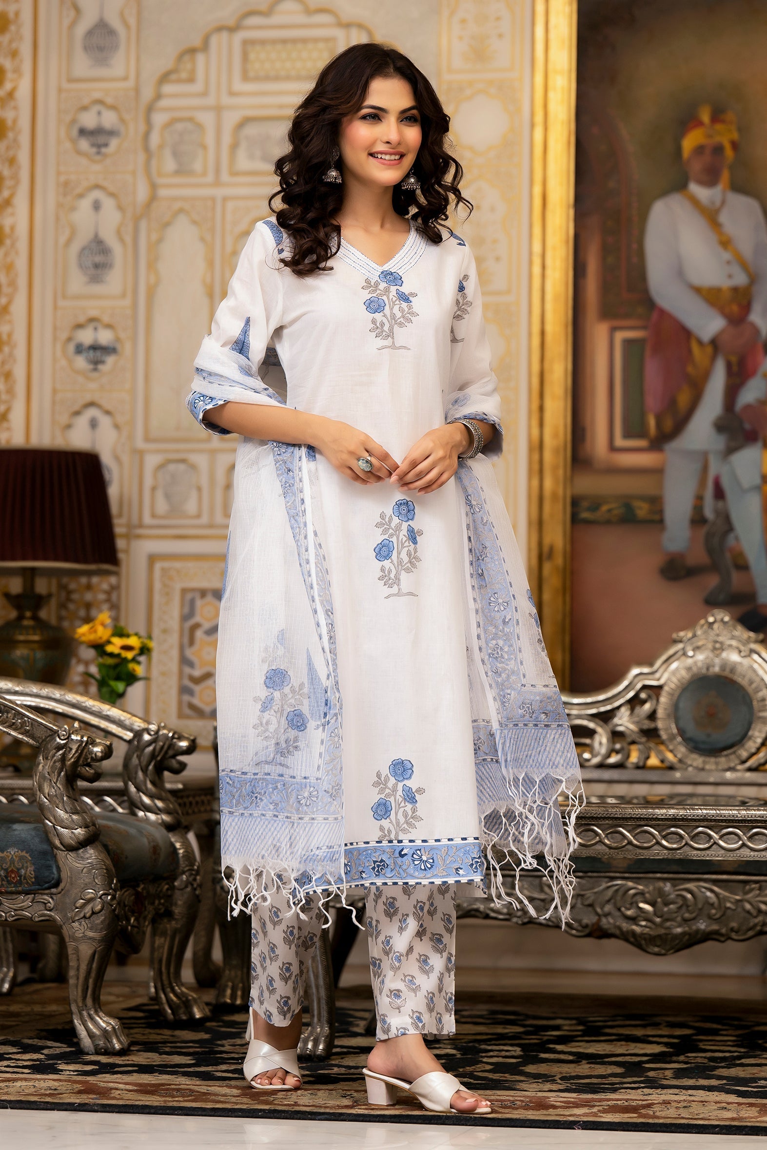 White Cotton Mughal Block Printed Kurta Pant Set With Dupatta Bada Boota