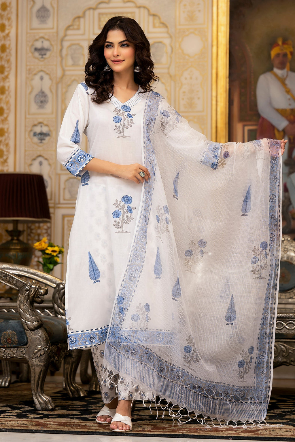 White Cotton Mughal Block Printed Kurta Pant Set With Dupatta Bada Boota