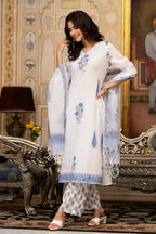 White Cotton Mughal Block Printed Kurta Pant Set With Dupatta Bada Boota
