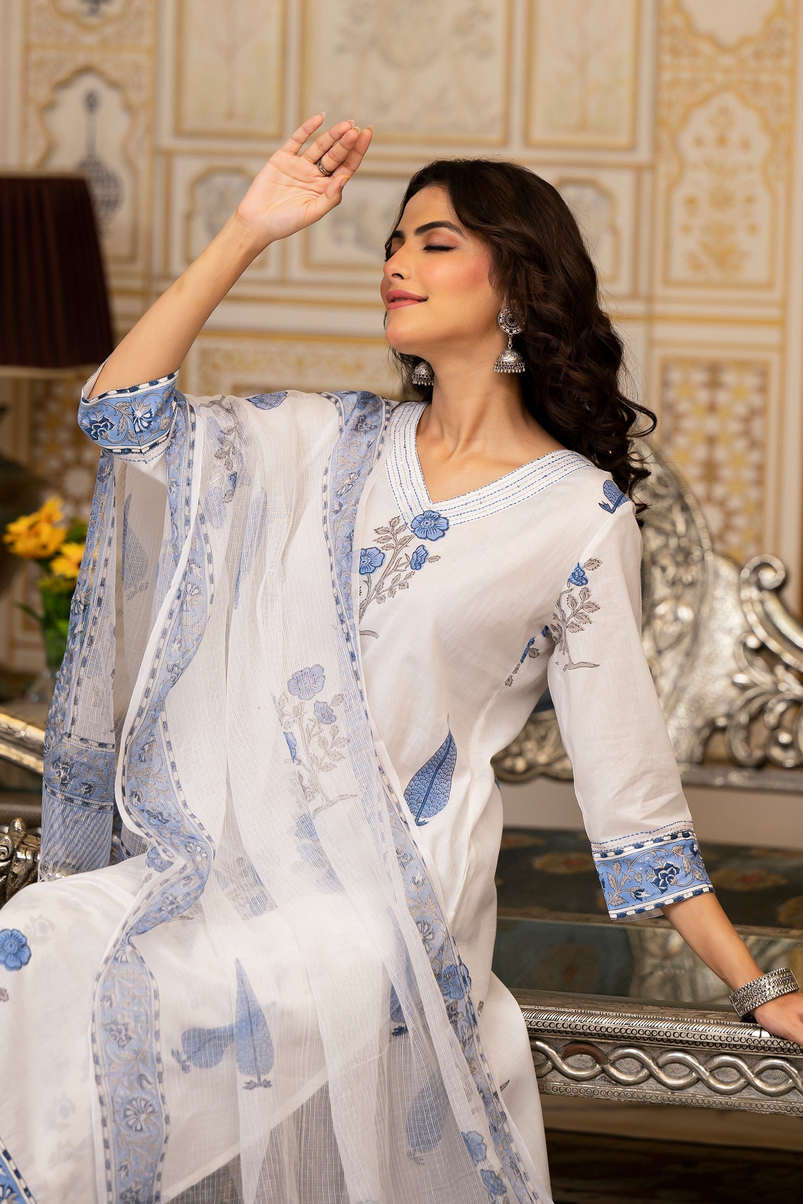 White Cotton Mughal Block Printed Kurta Pant Set With Dupatta Bada Boota